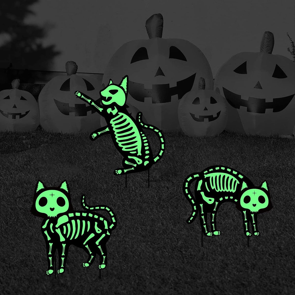 GuassLee 5pcs Glow in the Dark Skeleton Black Cat Silhouette Lawn Signs with Stakes for Halloween Lawn Garden Front Yard Decorations Outside