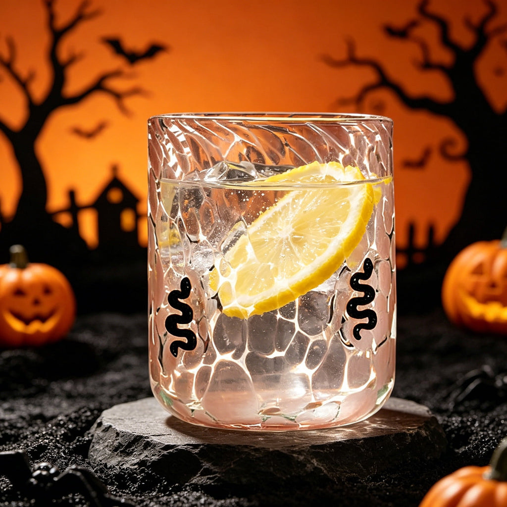 Qocolcyl Halloween Icon Glass Cups - 3.5x4.7in Ghost Bat Snake Pumpkin Icon Juice Stemless Wine Glasses Double Old Fashioned Hand Blown Drinking Cups for Halloween Party Gift