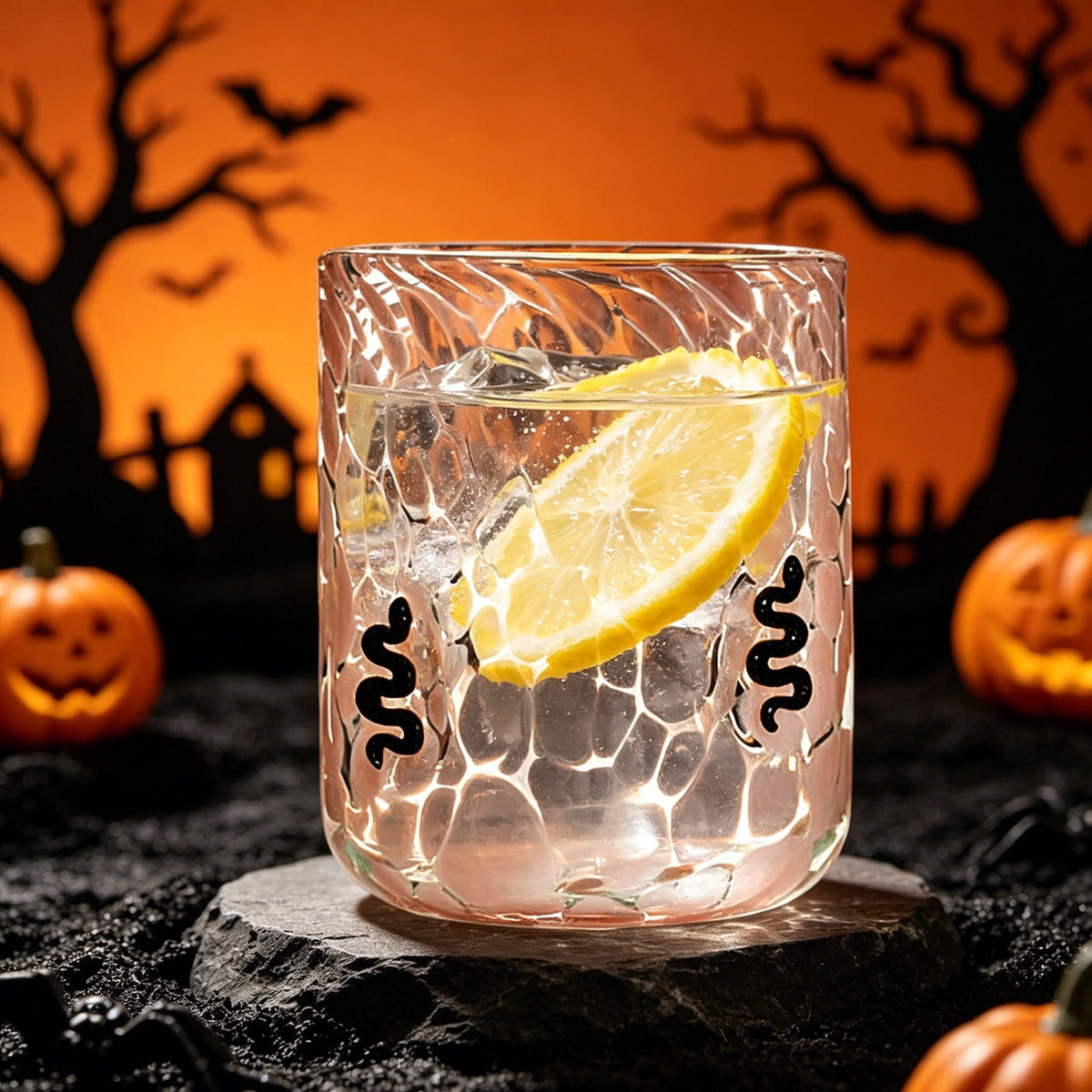Qocolcyl Halloween Icon Glass Cups - 3.5x4.7in Ghost Bat Snake Pumpkin Icon Juice Stemless Wine Glasses Double Old Fashioned Hand Blown Drinking Cups for Halloween Party Gift
