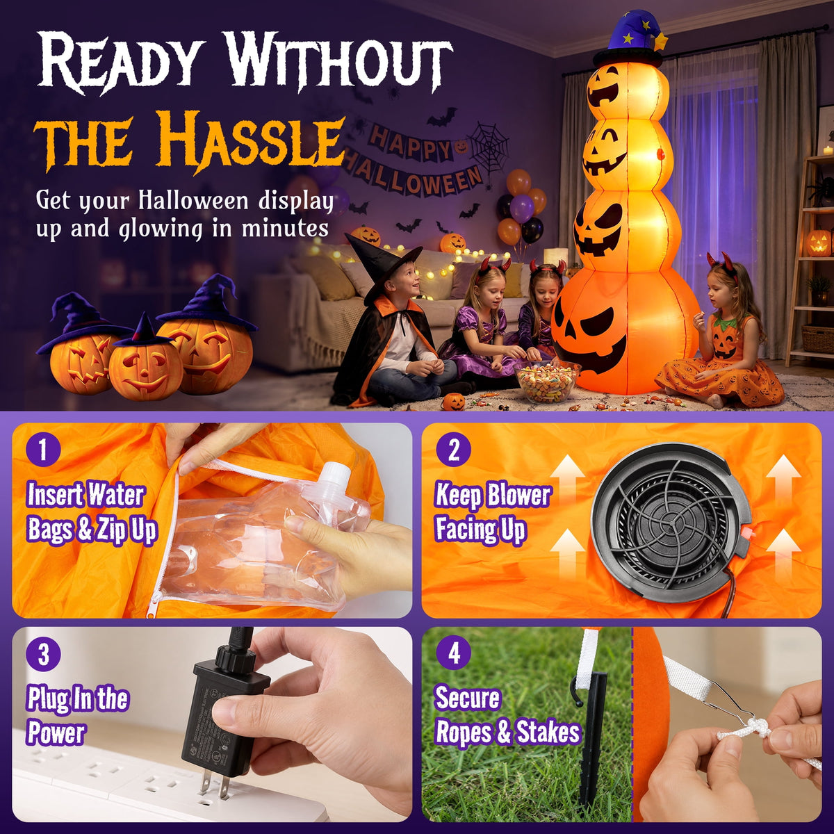 Qunler 8ft Halloween Pumpkin Stack Inflatable Decoration with Witch Hat, Polyester Material Lighted Blow up Yard Decor for Outdoor Lawn Garden