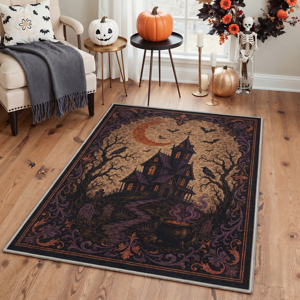 GENIMO 5'x7' Halloween Area Rug for Living Room, Washable Non Slip Soft Vintage Pumpkin Indoor Rug for Bedroom Dining Room Home Office, Antique Moss
