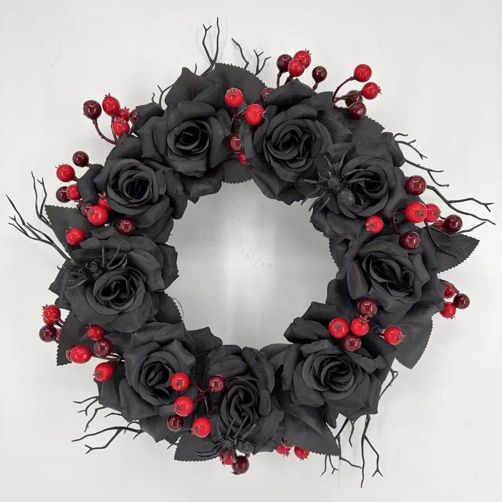 WWC Halloween Wreath, Artificial Silk Bats And Skulls Wreath, Gothic Halloween Decor for Fall Party Front Door Porch Mantel