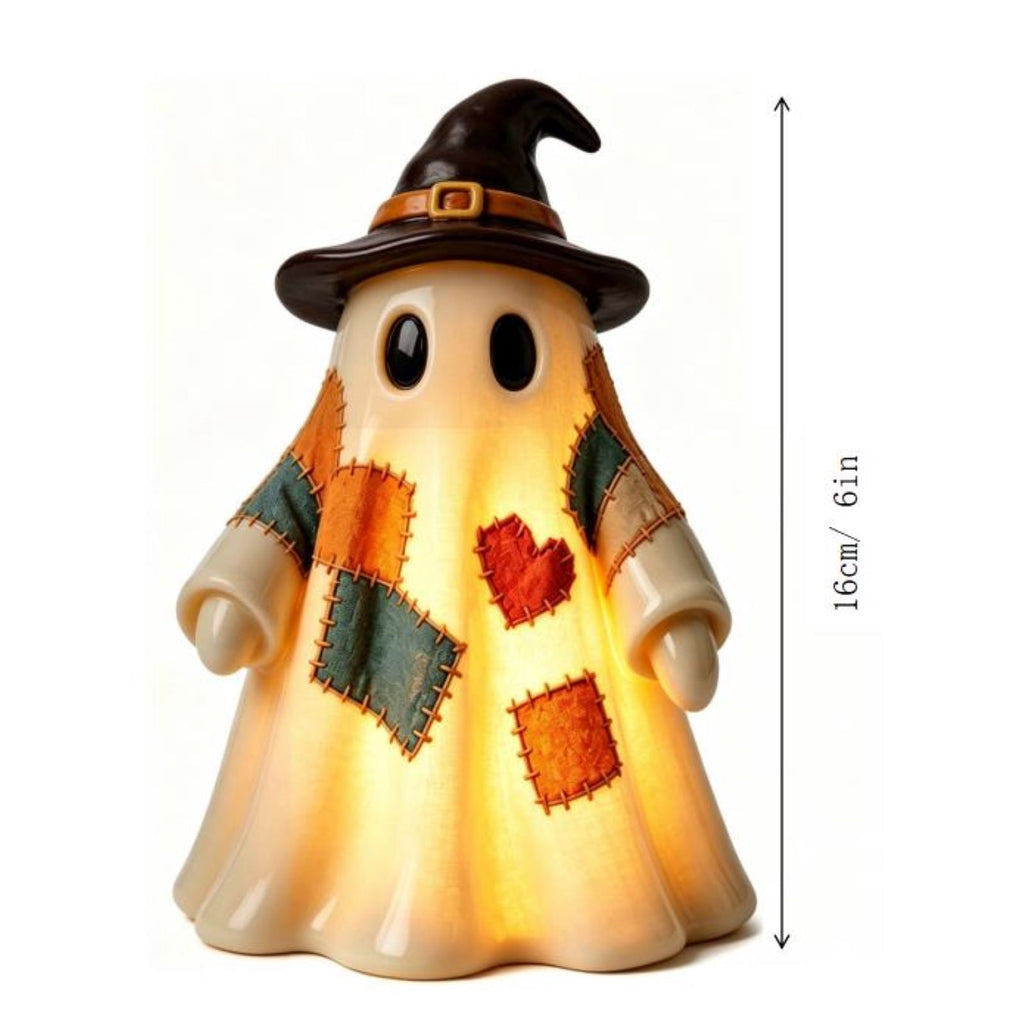 Stained Glass Witch hat lamp, 7" Halloween Gothic Mystic Room Decor Handcrafted Ceramic Phantom Figurine, USB Rechargeable LED Glowing Lantern for Bedroom Living Room Mantel Home Decor