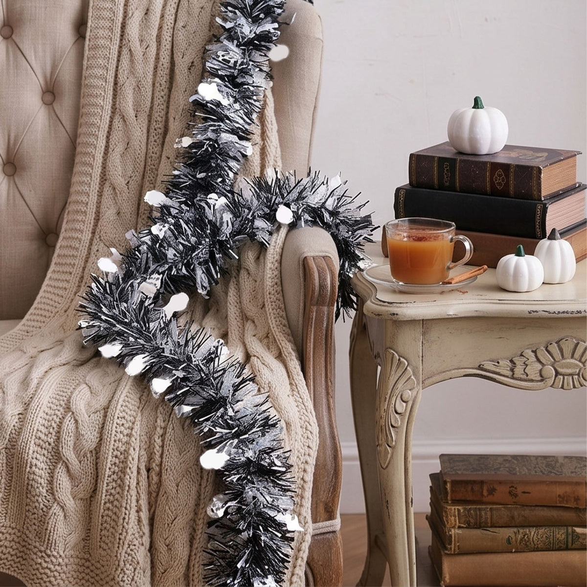 CuiLiyq Halloween Tinsel Garland, 78.7 Inch Black Purple Silver Foil with Bats and Ghosts, Party Decor for Mantel, Staircase, Doorway