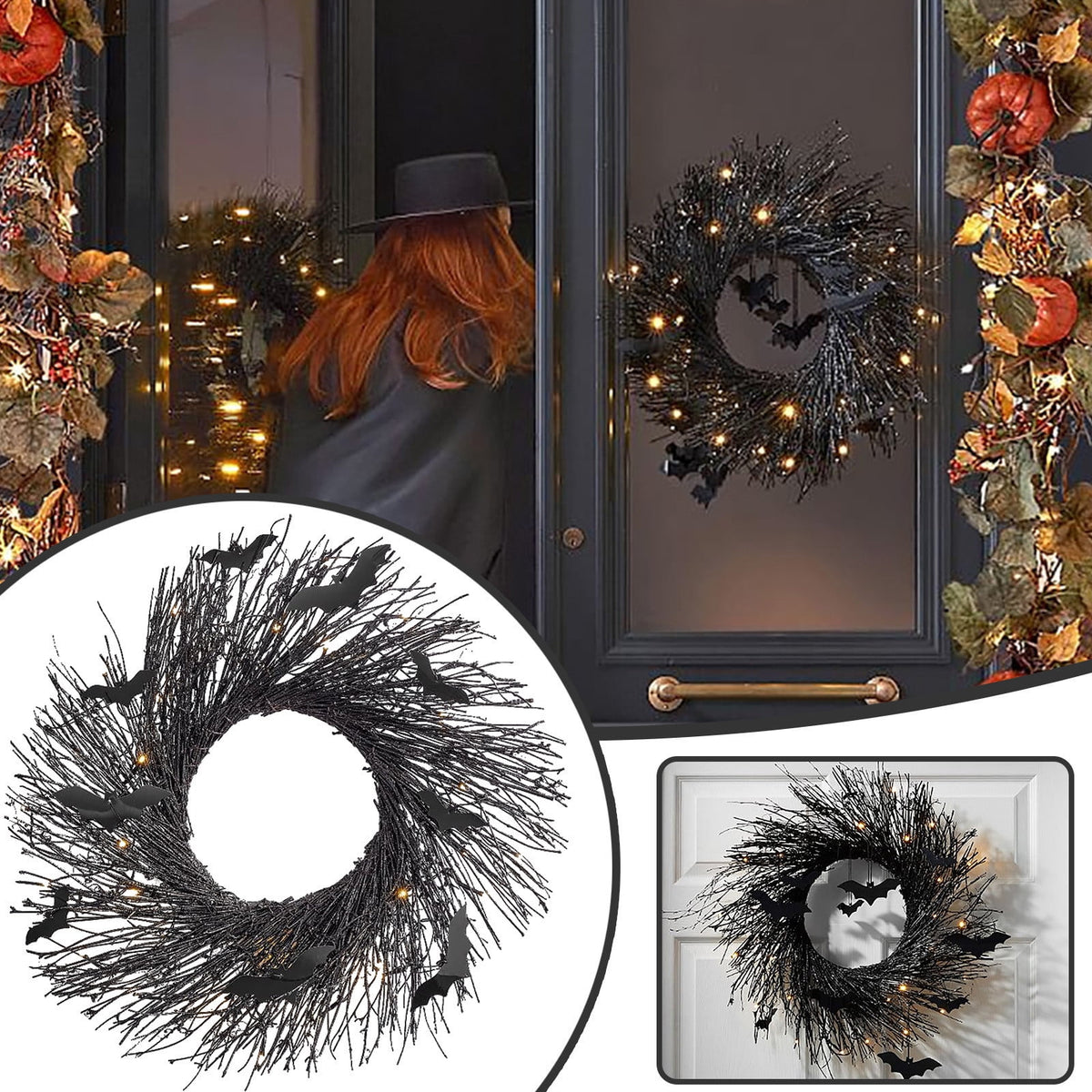 21.6" Illuminated Halloween Garland Wreath for Front Door Decor Lit Garland Black Bat Garland