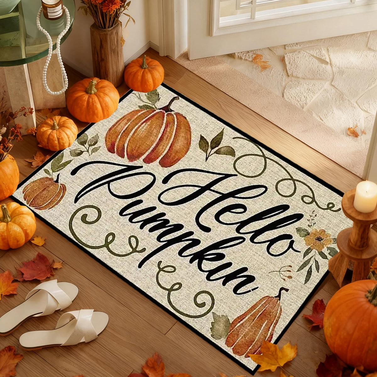 JoyMoreHome Fall Welcome Doormat, Fall Leaves Front Door Mat, Indoor Outdoor Entrance Floor Mats, Non-Slip Washable Thanksgiving Halloween Home Decor Mat