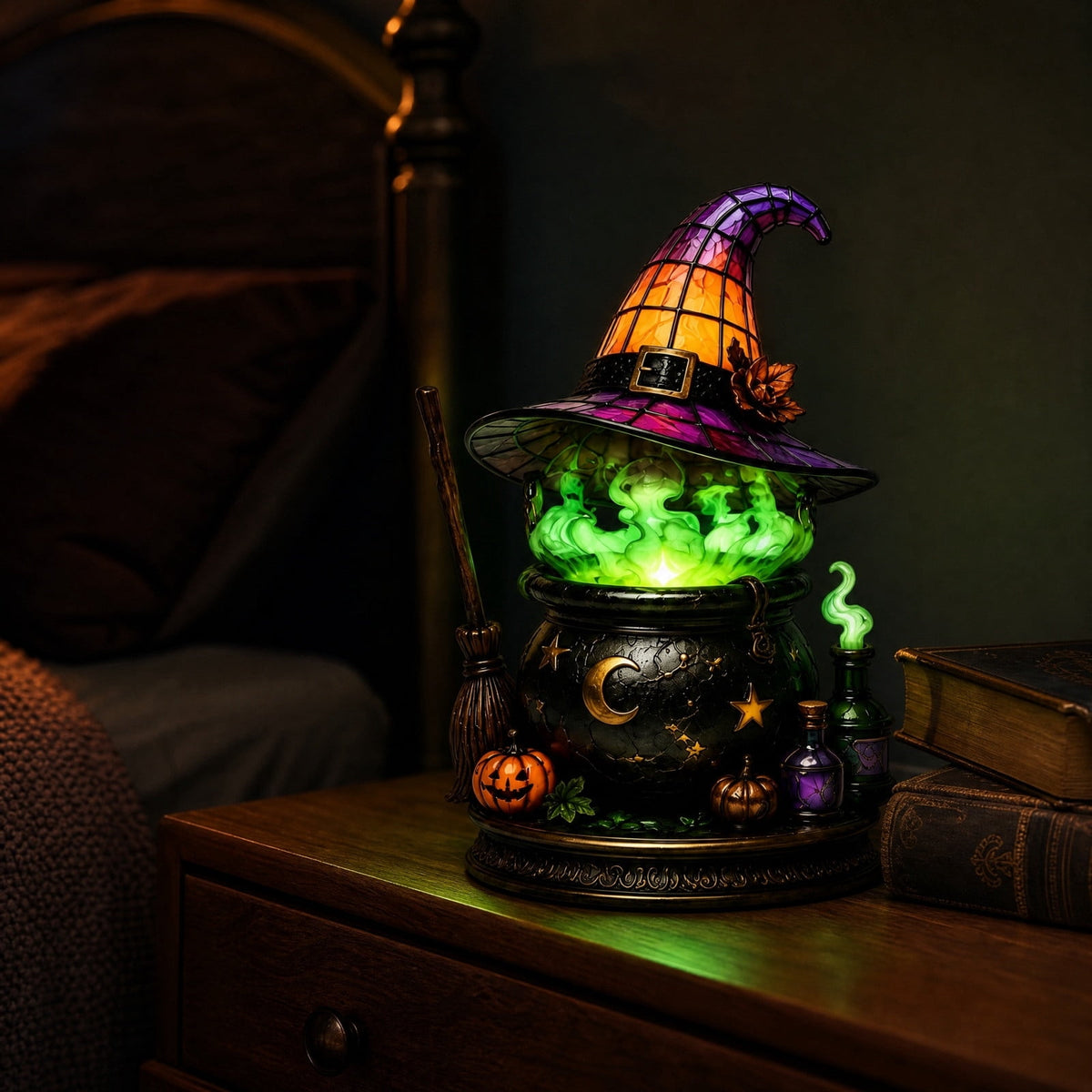 Halloween Lighted Witch Cauldron Decor Lamp, Stained Glass Witch Hat Magic Pot Night Light with Pumpkin & Potion Bottle Details, Spooky Vintage Tabletop Ornament for Mantel Living Room Party