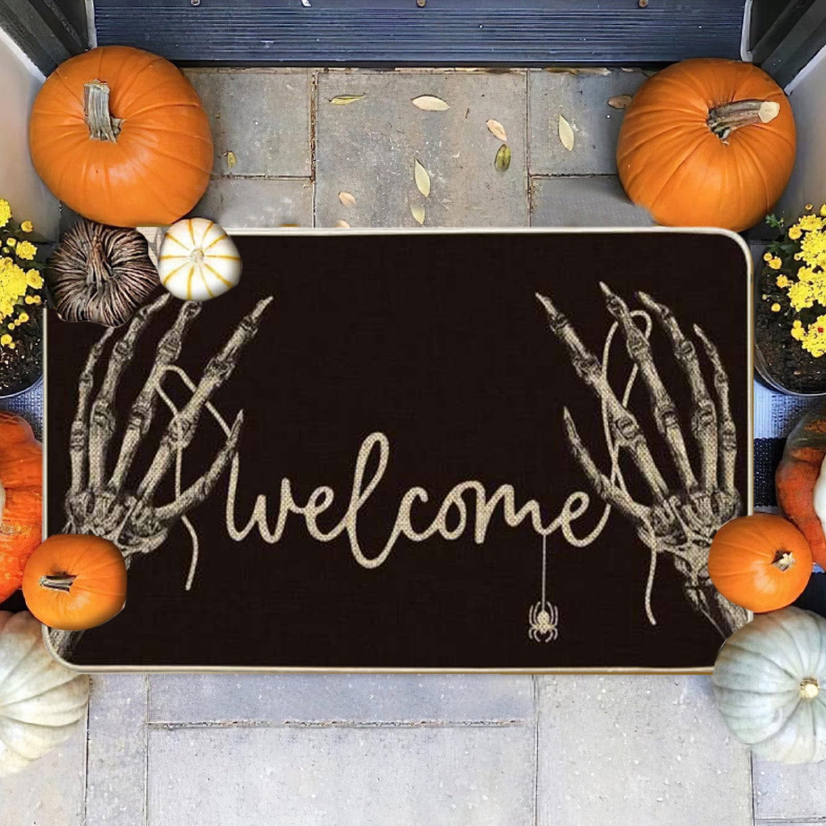 Orange Plaid Fall Outdoor Mat, Hand-Woven Porch Rug for Thanksgiving Halloween Door Decor