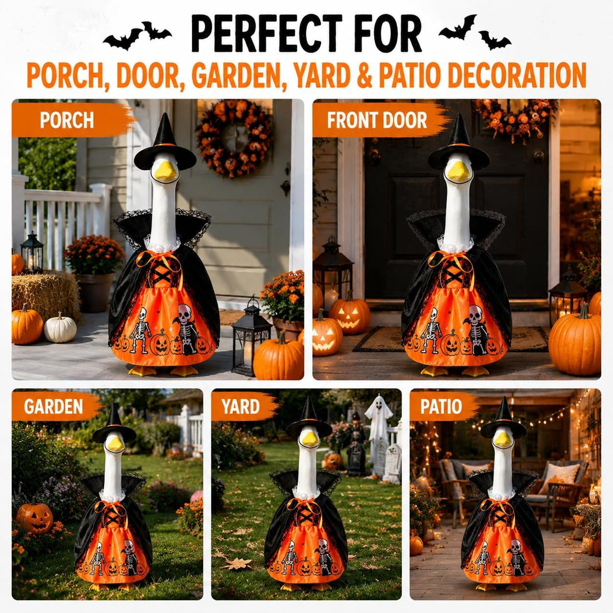 Halloween Ghost Porch Goose Outfit Fits 23 Inch Cement Lawn Goose Statue Pumpkin Face Ghost Costume with Matching Witch Hat for Fall Outdoor Garden Yard Patio Holiday Decor