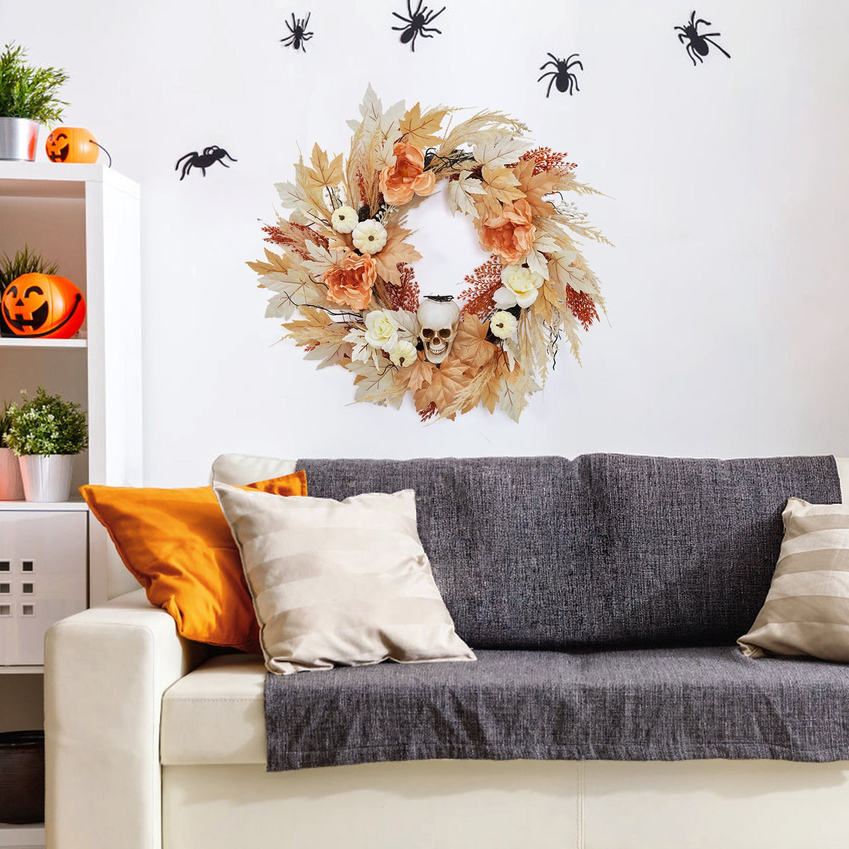 24 in Halloween Wreaths for Front Door.Fall Pumpkin Maple Leaves Wreath with Spooky Skeleton.Fall Halloween Door Decor. Outdoor Wreath for Porch Wall Window Decorations