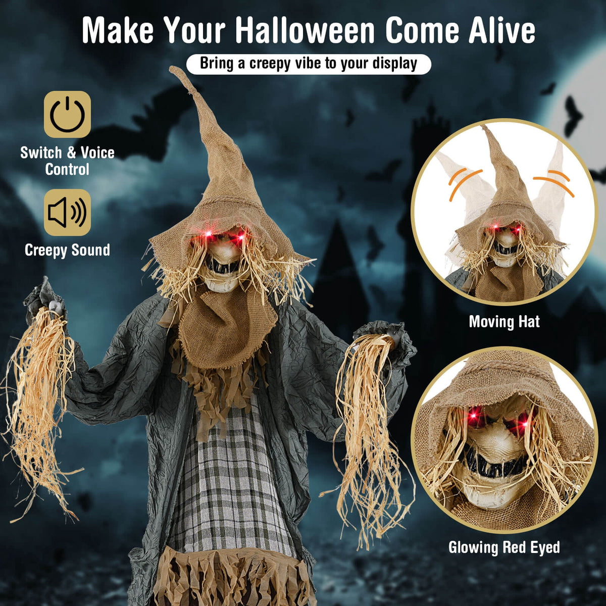 Costway 7 FT Halloween Decoration Animated Standing Scarecrow Light-up Eyes Poseable Arm