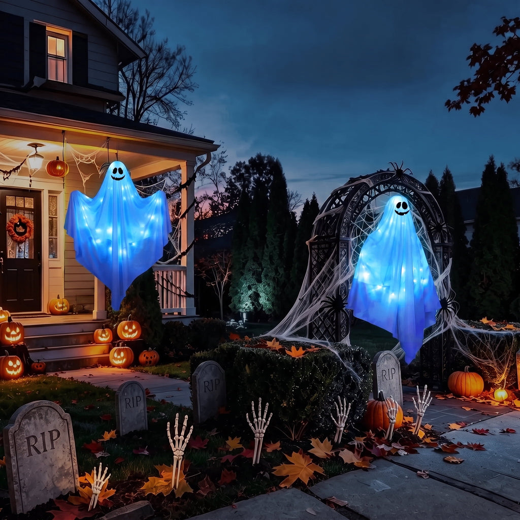 Scidweet Halloween Ghost Decor, 2 Pack 48" Light up Hanging Halloween Ghosts Blue LED Light Yard Garden Porch Outdoor Decorations