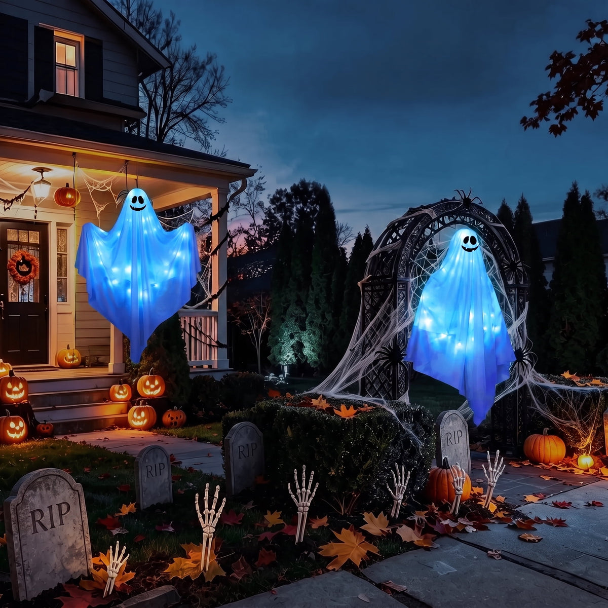 Scidweet Halloween Ghost Decor, 2 Pack 48" Light up Hanging Halloween Ghosts Blue LED Light Yard Garden Porch Outdoor Decorations