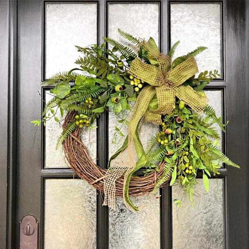 15 Inch Spring Wreath for Front Door, Artificial Welcome Wreath with Green Pods Plants Branches Vines, Rustic Style Decor for Home Yard Room Office Party Festival Indoor Outdoor