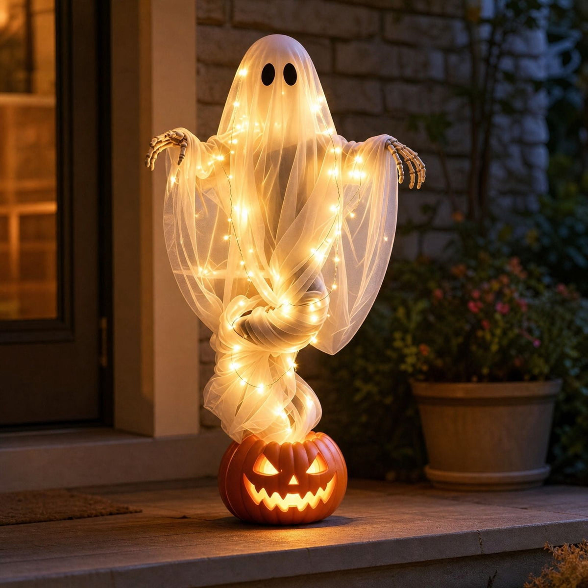 Elainilye Swirling Ghost Pumpkin Yard Lamp, Lighted Spooky Ghost Statue, Warm LED Halloween Decorations Indoor Outdoor, Fall Autumn Garden Ornament for Halloween Party Decoration