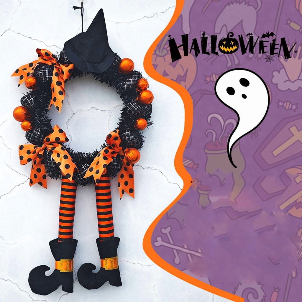 24 Inch Halloween Wreath with Witch Hat and Striped Legs Black Orange Bow Decorative Wreath for Front Door Porch Wall Home Decor