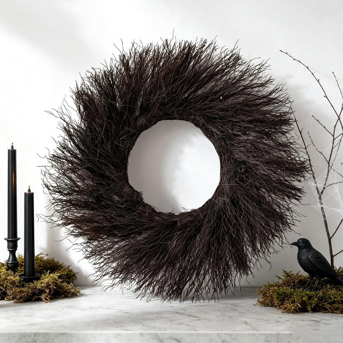 16 Inch Black Twig Halloween Wreath, Black Dead Twig Halloween Wreath, Spooky Bare Branch Garland, Gothic Seasonal Decoration, Spooky Faux Twig Garland for Front Door, Window, Wall Hanging Decor