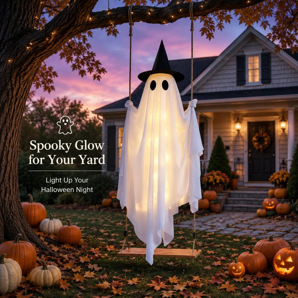 Light Up Swinging Ghost Outdoor Decor, 6.56FT Pre-Assembled LED Hanging Ghost on Swing with Remote Control, Halloween Decorations Outdoor for Porch Yard Tree