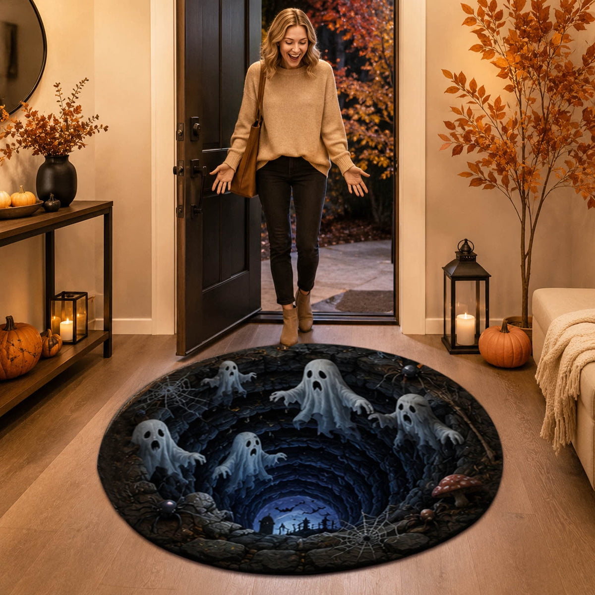 Win s Way 3D Illusion Round Halloween Rug Optical Illusion Doormat Non- Washable Entryway Decor Spooky Fall Front Door Mat for Party Decoration Available in 15.8/23.6/31.5 Inch