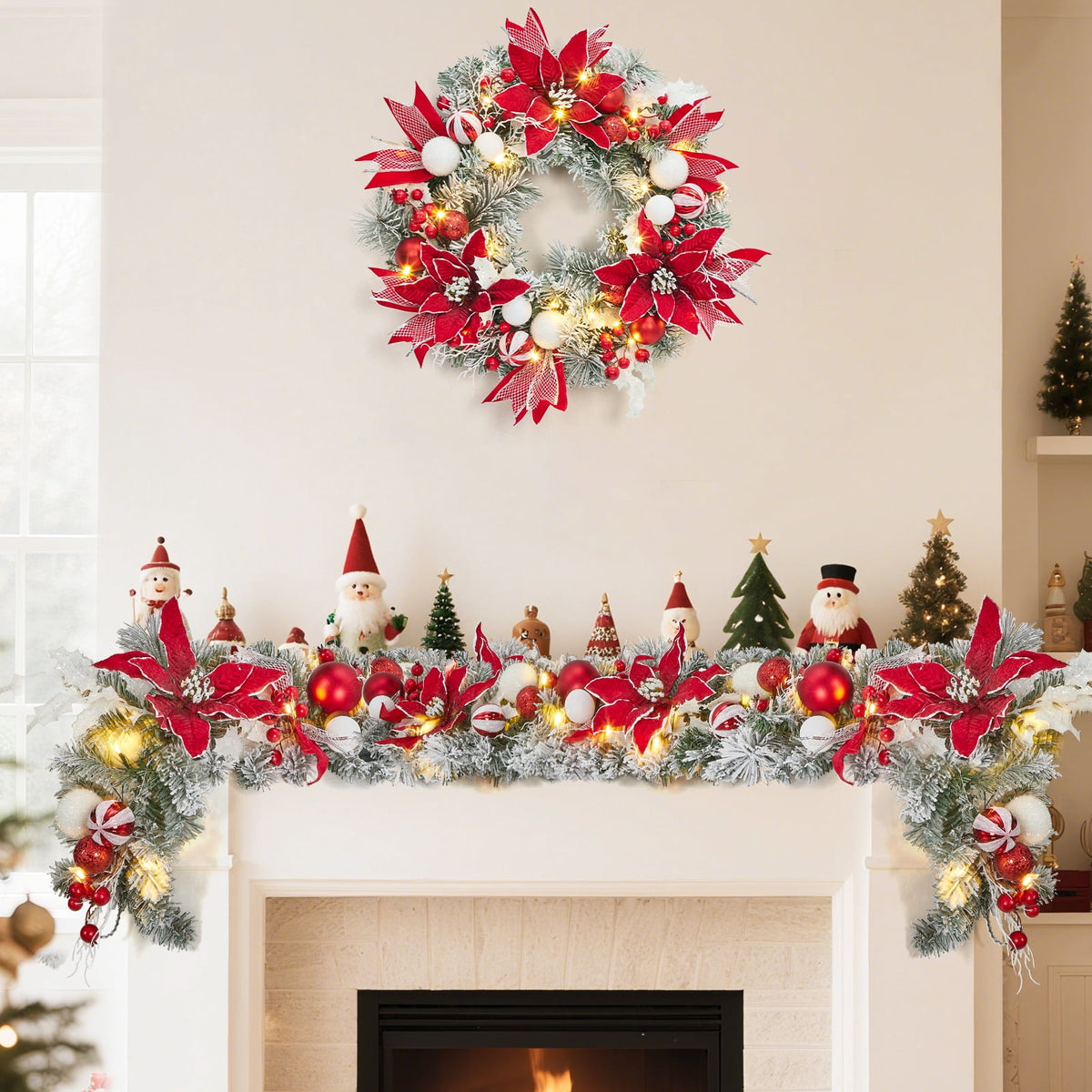 JoanKaren 24 inch Large Christmas Wreath Silver White with 20 LED Lights,Prelit Xmas Wreath w/ Ball Ornaments Pine Cone
