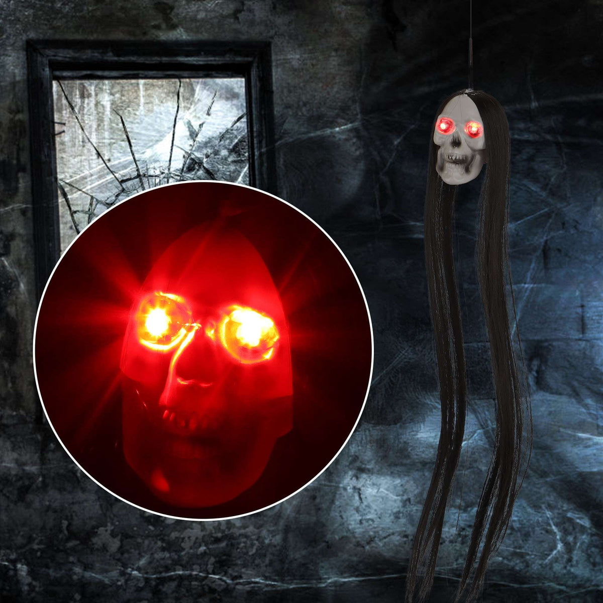Deago 2 Pack Halloween Hanging Skeleton Ghost Decorations - 20" Led Light Up Red Eyes Hanging Grim Reapers with Hair for Halloween Indoor Outdoor Decoration