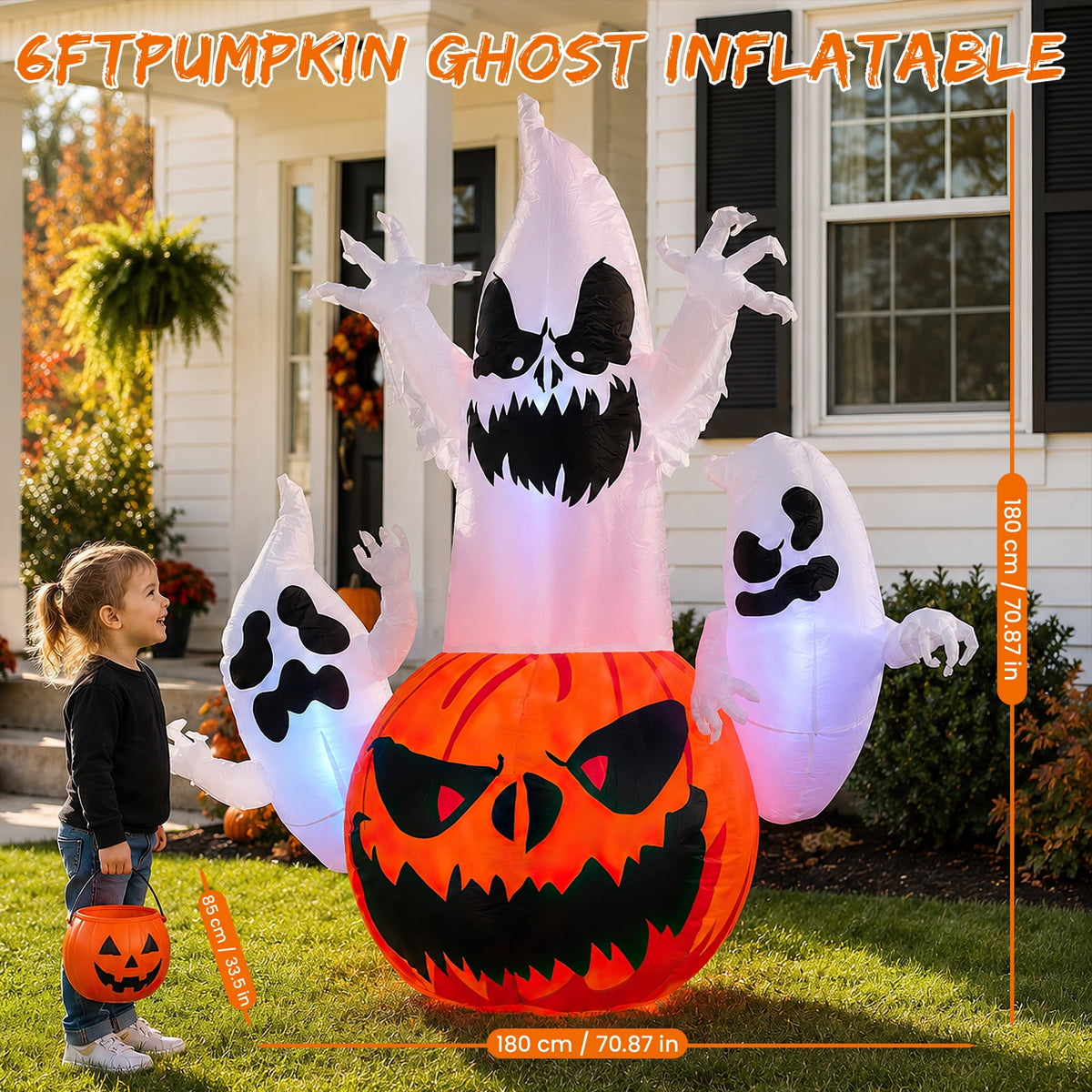 6FT Halloween Inflatable Ghost Pumpkin Decorations with LED Lights, 3 Ghosts Inflatable Yard Decorations for Outdoor Lawn Garden Porch Indoor Party Decorations