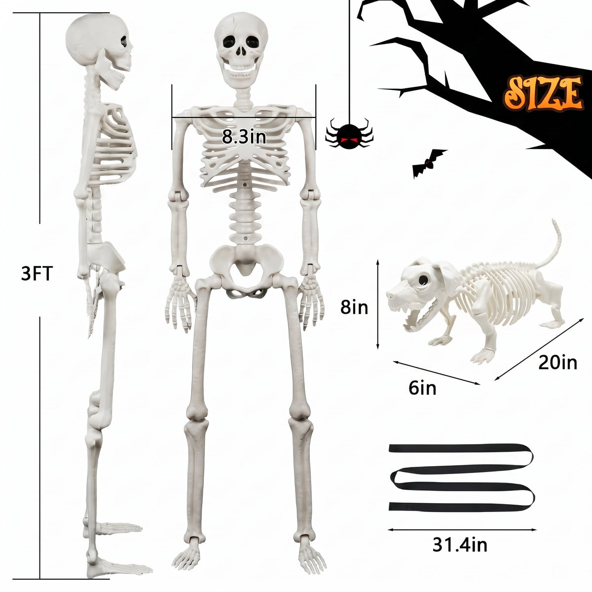 TETOU 2Pcs Halloween Human Cat Skeletons,35.4 Inch Realistic Full Body Movable Posable Skeleton for Halloween Garden Yard Porch Party Haunted Graveyard Indoor Outdoor Decororation