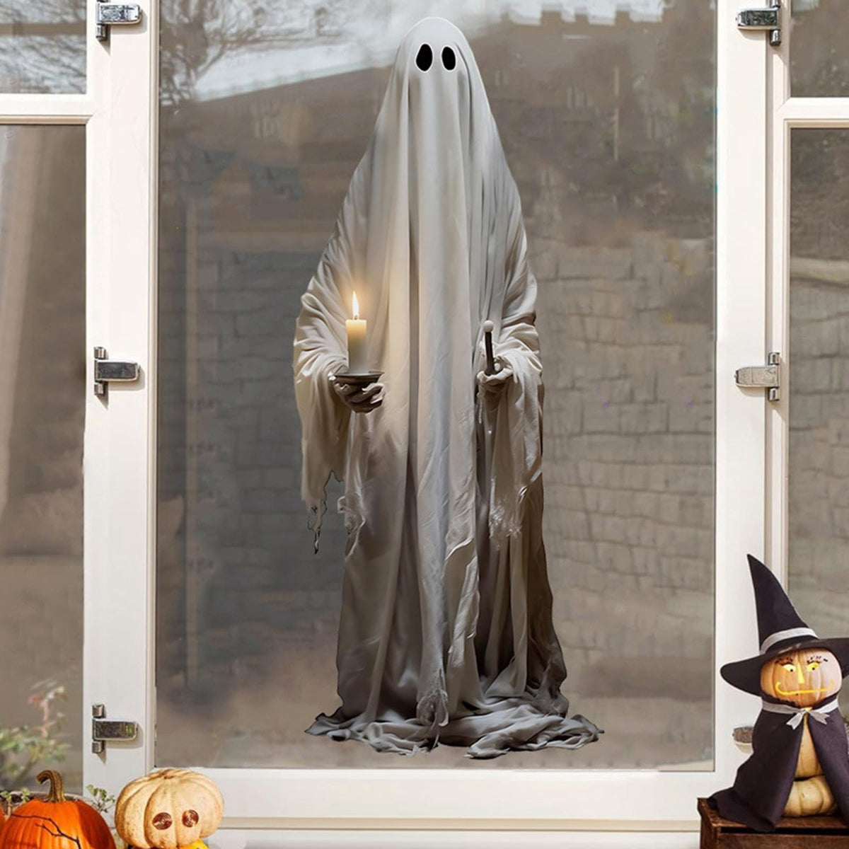 Halloween Wall Stickers, Large Ghost Holding Candle Wall Decals, Wall Clings Decor for Halloween Party Home Office Wall Glass Mirror Decorations, 18.89x44.68"