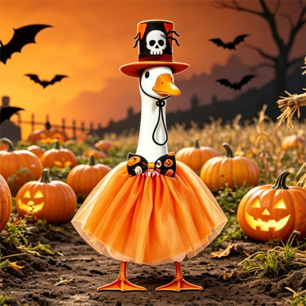 Halloween Ghost Porch Goose Outfit Fits 23 Inch Cement Lawn Goose Statue Pumpkin Face Ghost Costume with Matching Witch Hat for Fall Outdoor Garden Yard Patio Holiday Decor