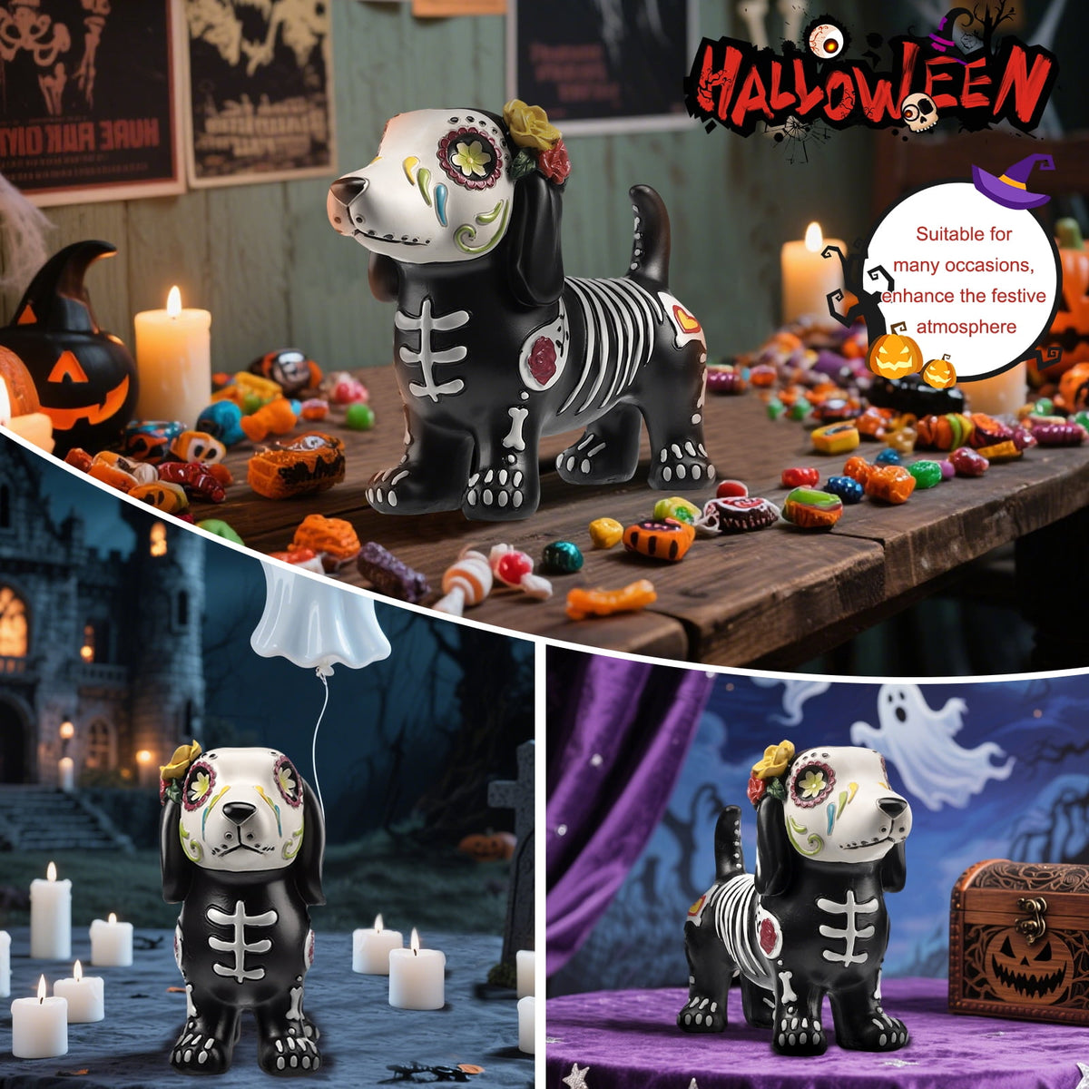 Ayieyill 2pcs Halloween Cat and Skeleton Figurines Vintage Halloween Black Cat Decor Halloween Table Decorations