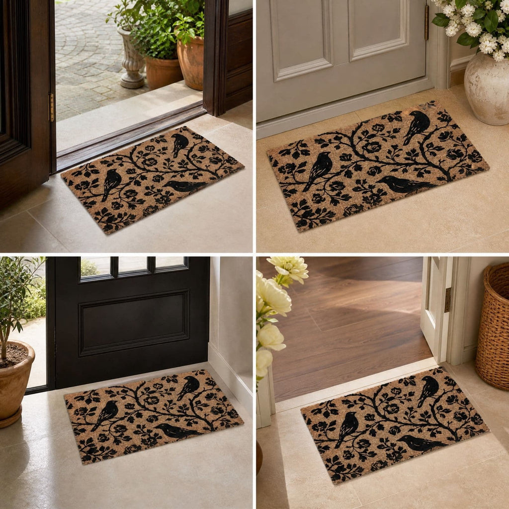 Clearance Natural/Black Floral Bird Outdoor Coir Doormat, 30" x 18"