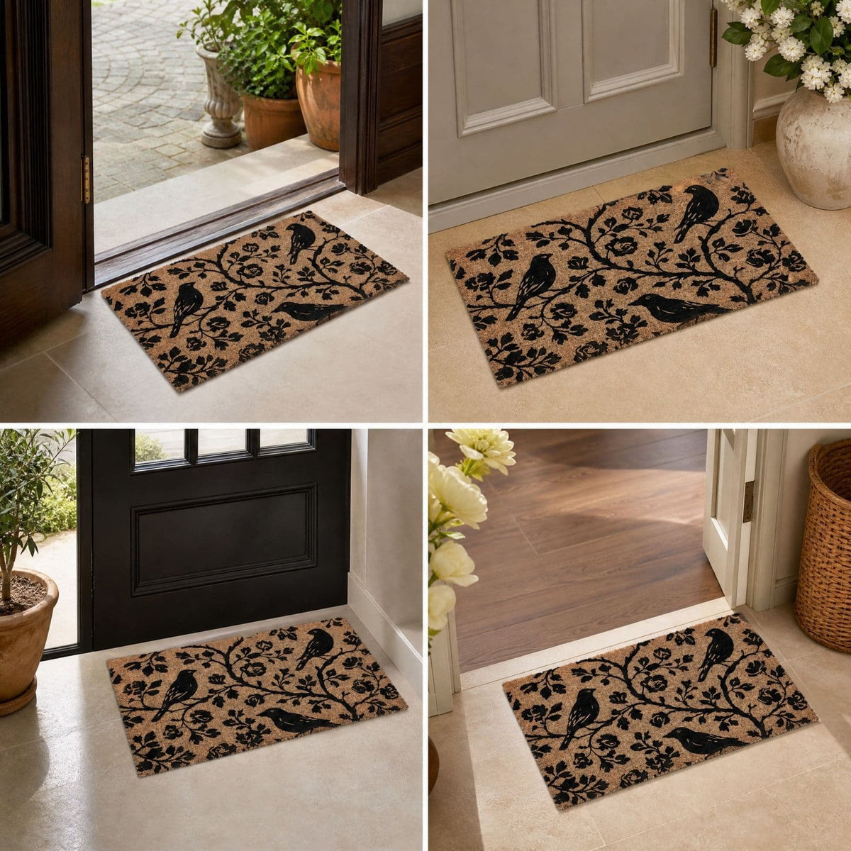 Clearance Natural/Black Floral Bird Outdoor Coir Doormat, 30" x 18"