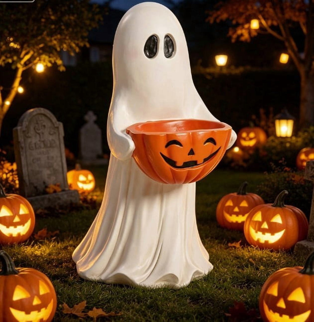 Lighted Halloween Ghost Candy Bowl, Cute LED Ghost Holding Pumpkin Candy Bucket for Trick or Treat, Outdoor Halloween Decorations for Front Porch, Indoor Yard Patio Halloween Decor