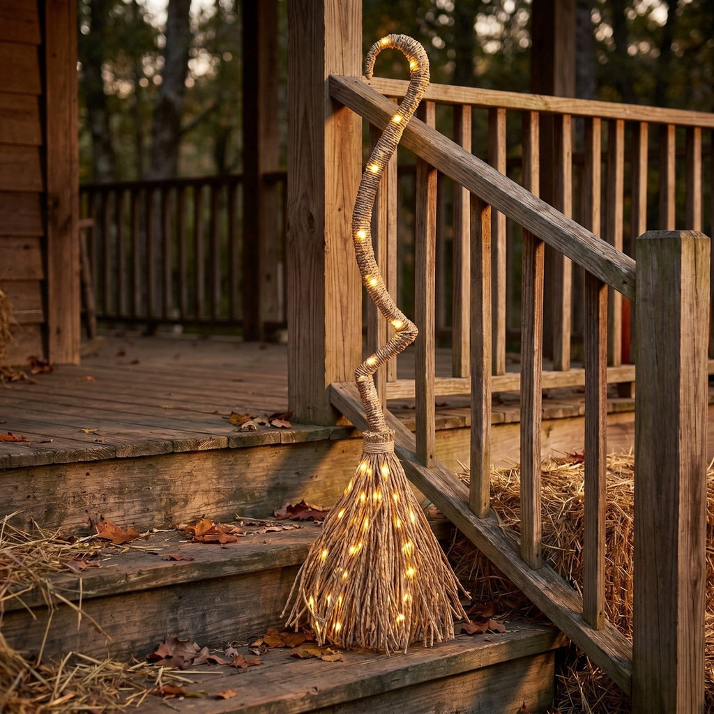 Halloween Decorations, Lighted Witch Broom, Handmade Witches Broom with String Lights, Rustic Fall Indoor Outdoor Halloween Decor for Porch, Yard, Front Door, 38"