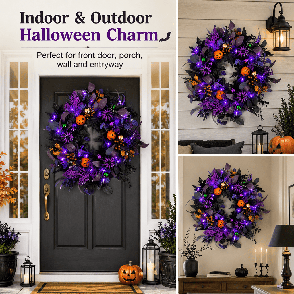 SLUMLOVE 22 in Lighted Halloween Wreath, Black and Purple Pumpkin Door Decor for Front Door, Porch, Wall, Indoor and Covered Outdoor