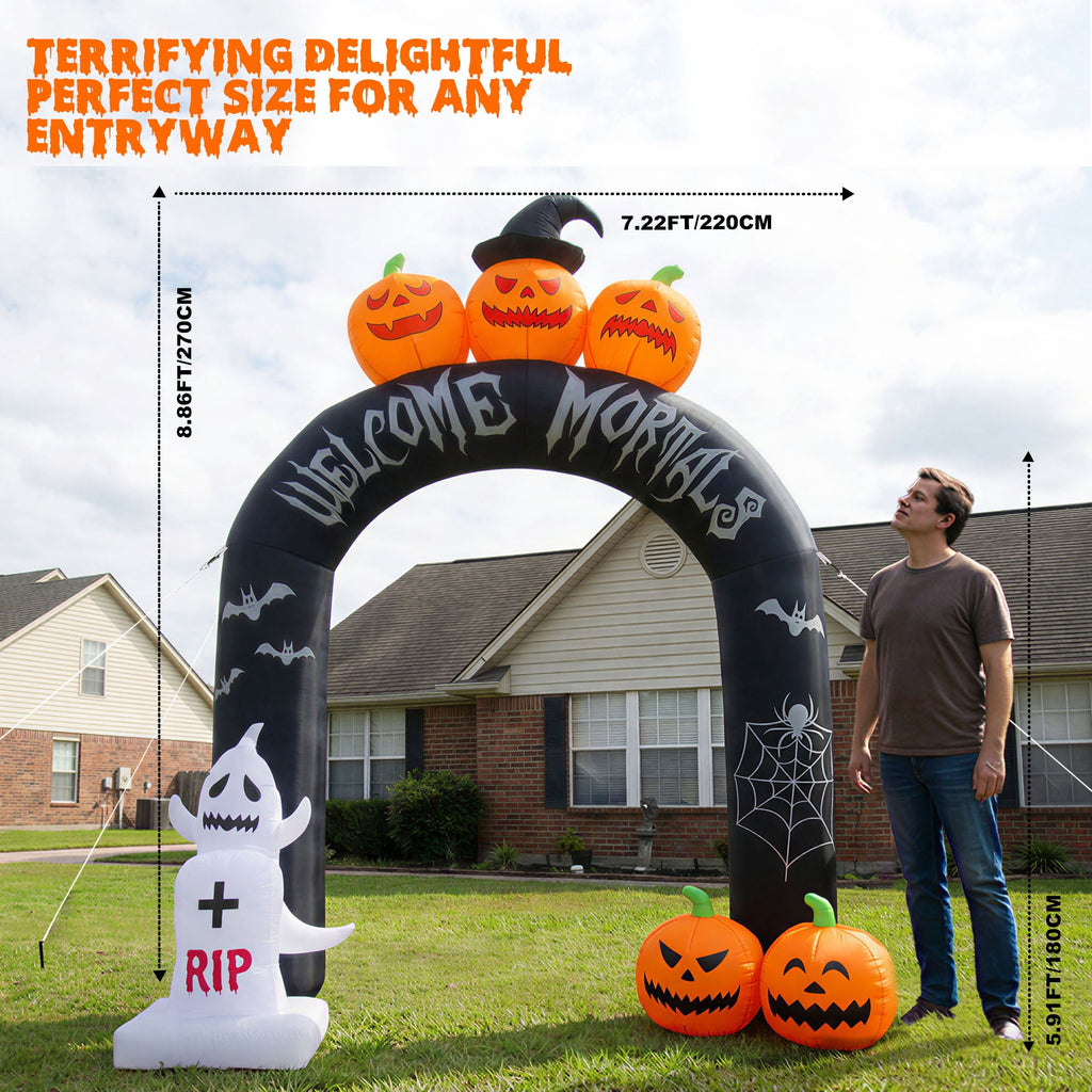 MAGOTAN 8 ft Halloween Inflatable Pumpkin Halloween Inflatable Pumpkins Ghost Tombstone Outdoor Yard Decoration Build-in 7 LED White Lights