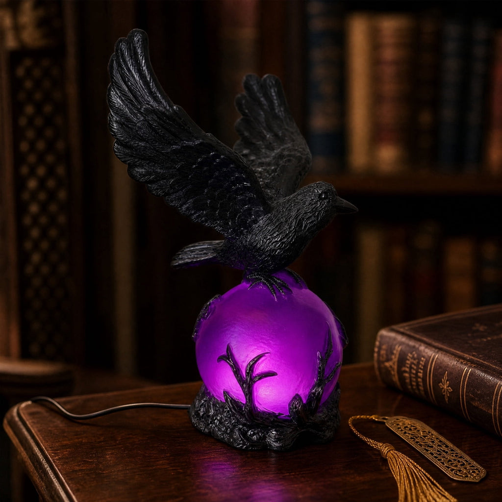 Gothic Mysterious Raven Lamp Light Sculpture, Resin Halloween Moonlight Luminous Crow Bird Led for Home Decor Gift, Bedroom Bedside, Living Room