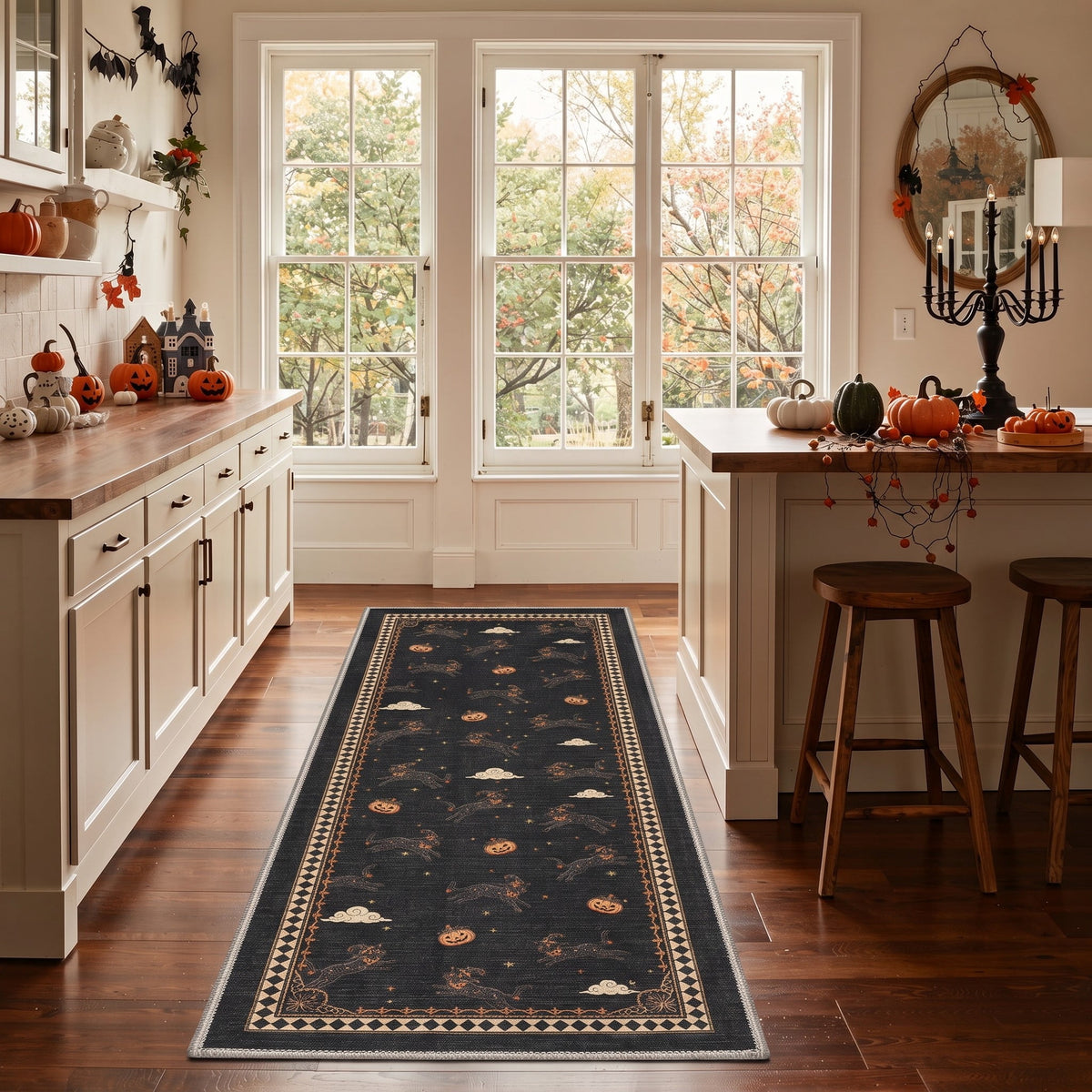 GENIMO 2'x3' Halloween Doormat, Washable Non Slip Soft Whimsical Cat Outdoor Door Mat for Front Door Covered Porch Patio Entryway, Vintage Black