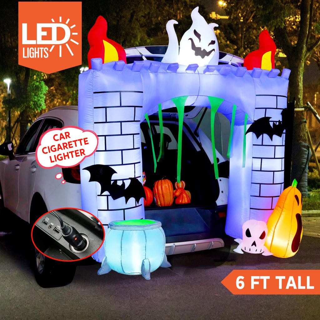 Joyfy 6 FT Halloween Inflatable Haunted Castle Decoration,Trunk or Treat Car Decorations Kit Ghost and Pumpkin with Built-in LED Light for Halloween Party Indoor,Outdoor,Yard,Garden Decor