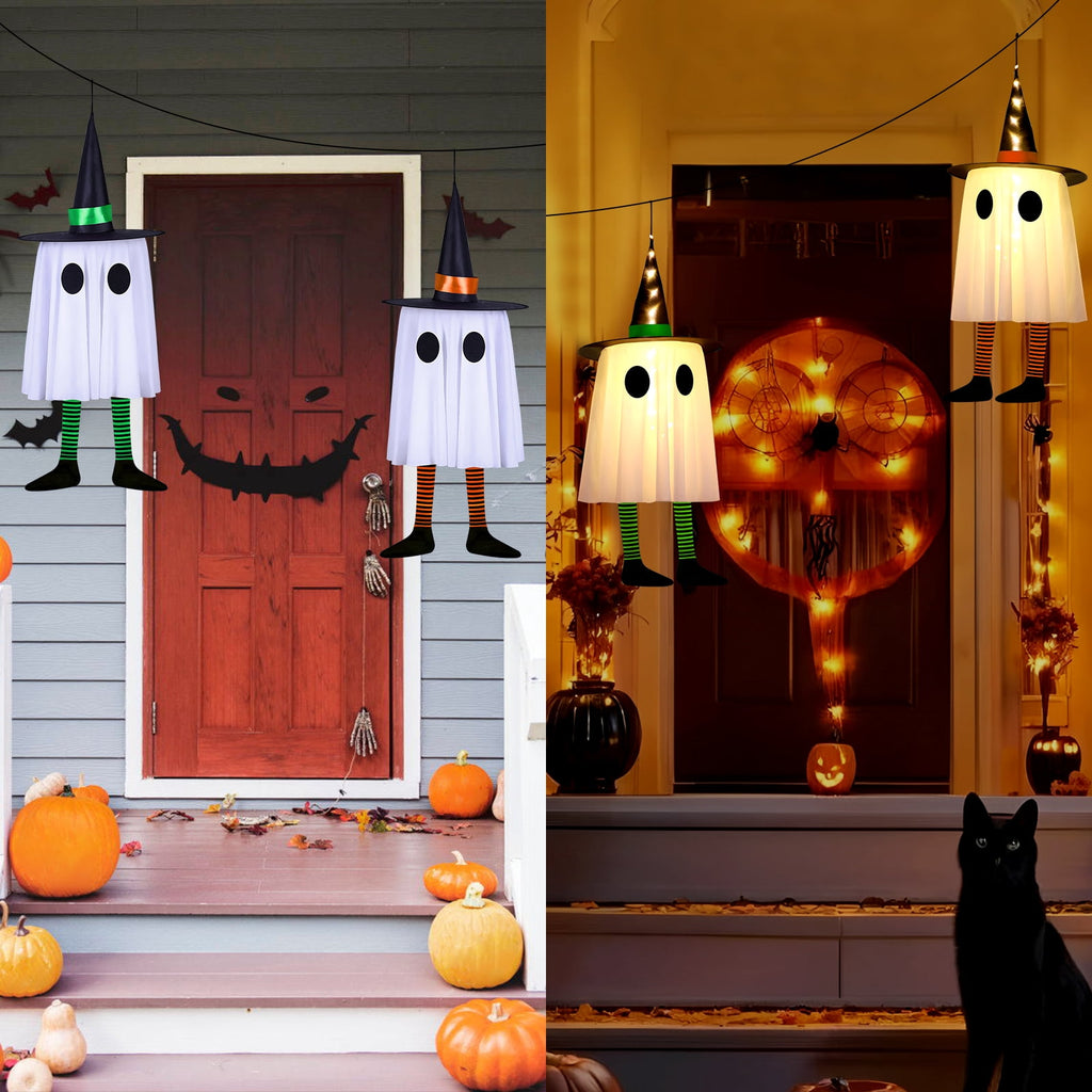 Qoosea 2 pack Hanging Ghosts Halloween Decor 4.26ft Large Glowing LED Ghost Lights Windsock Halloween Decorations Outdoor Indoor, 3 Lighting Modes