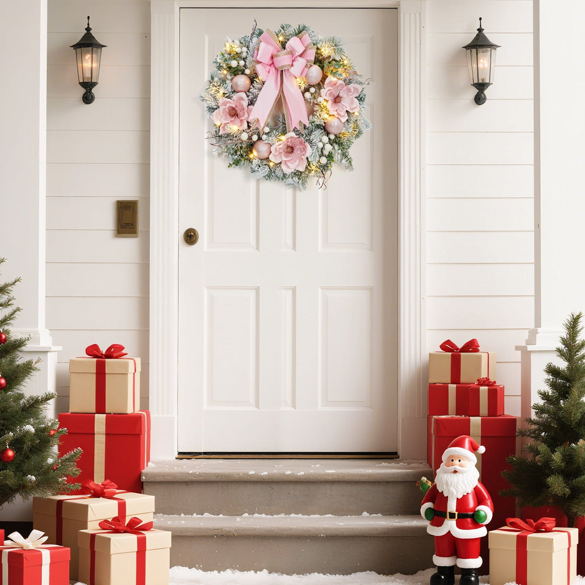 JoanKaren 24 inch Large Christmas Wreath Silver White with 20 LED Lights,Prelit Xmas Wreath w/ Ball Ornaments Pine Cone