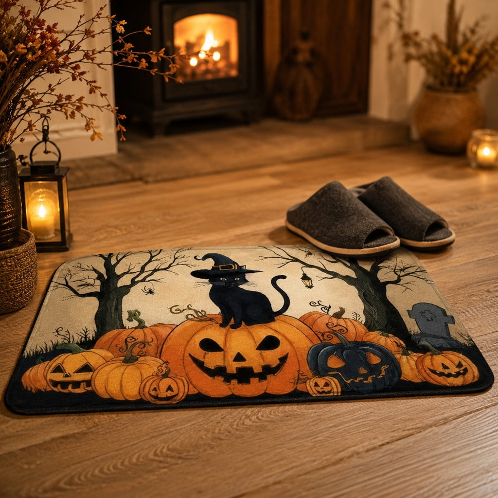Halloween Dog Door Mat 16x24", Golden Retriever Ghost Pumpkin Welcome Rug for Porch, Halloween Outdoor Decorations