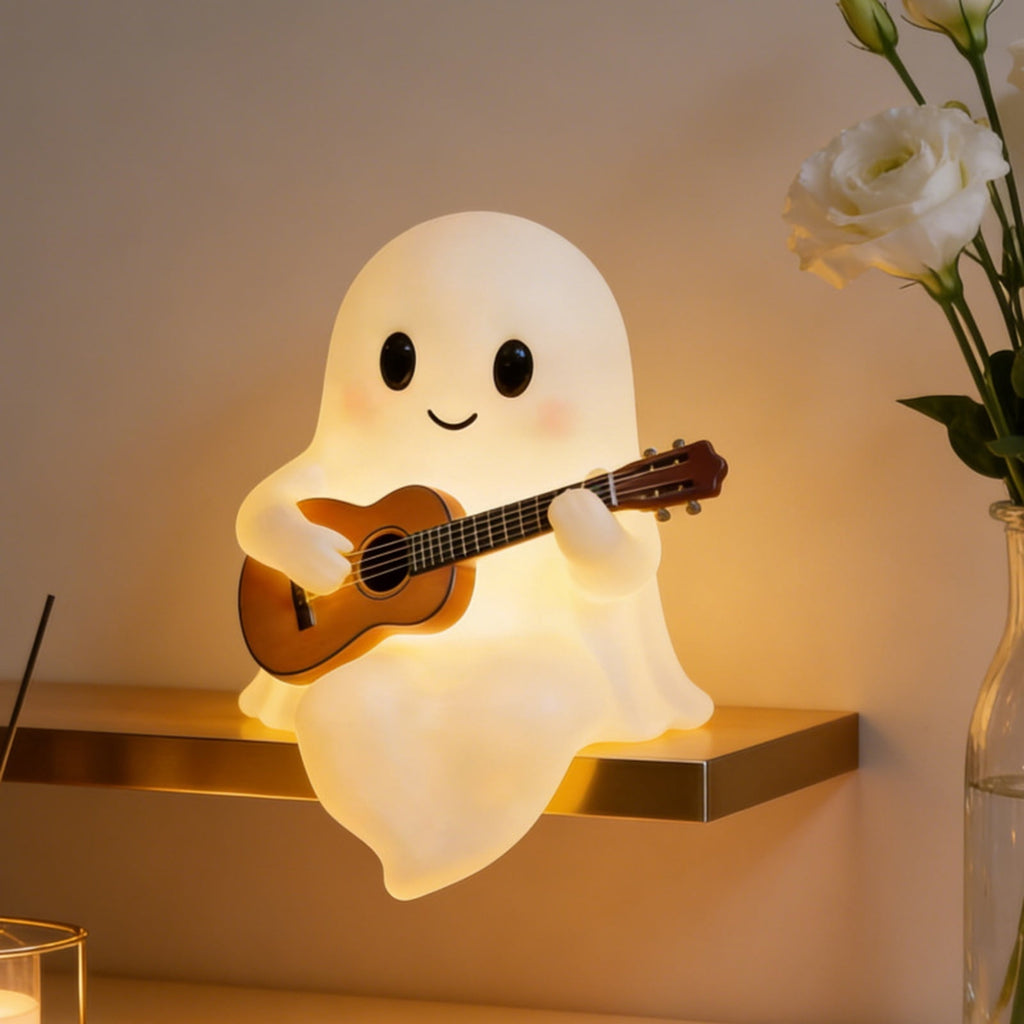 Halloween Ghost Night Light, Cute Ghost Playing The Guitar Lamp, Ghost Warm Lighted Figurine Lamps for Party Bedroom Study Room Home Dorm, Halloween Decor Indoor