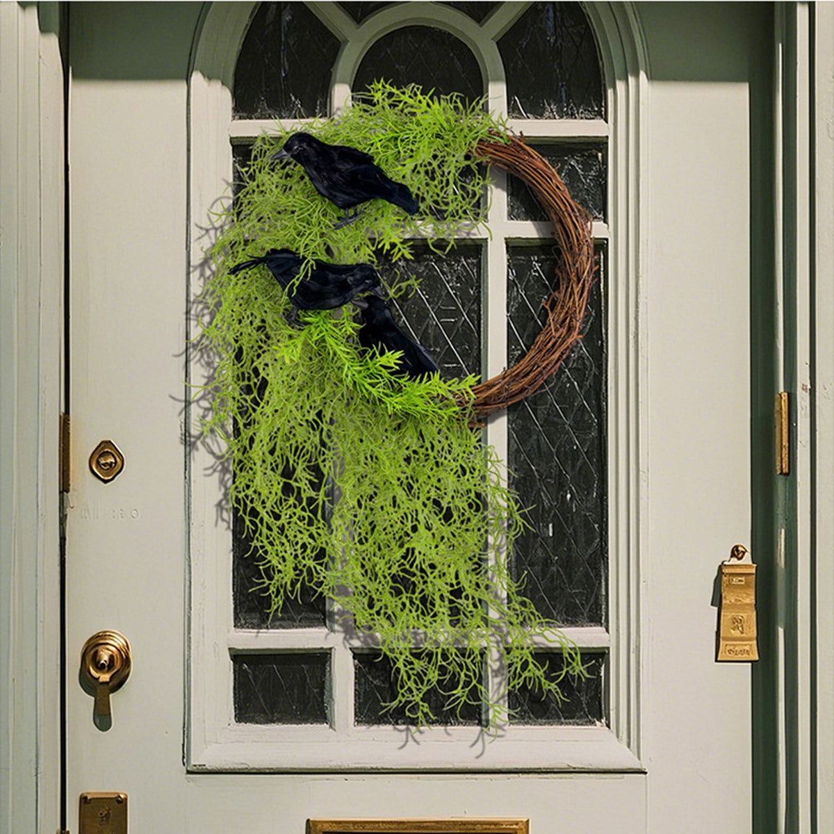 Halloween Crow Wreath with Artificial Greenery, Door Decoration for Home Indoor Outdoor Party,Halloween Christmas Decorations,13.78 inch