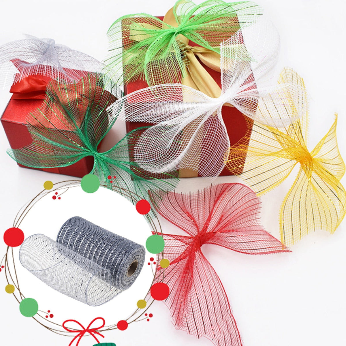 15cm x 10 Yard Poly Decorating Mesh Ribbon with Metallic Foil Each Roll for Wreaths, Swags Bows Wrapping and Decorating Projects-1 Roll