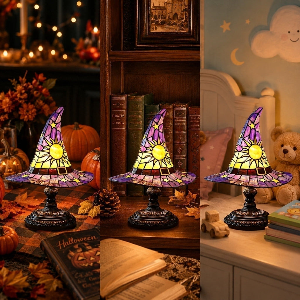 Stained Glass Witch hat lamp, 7" Halloween Gothic Mystic Room Decor Handcrafted Ceramic Phantom Figurine, USB Rechargeable LED Glowing Lantern for Bedroom Living Room Mantel Home Decor