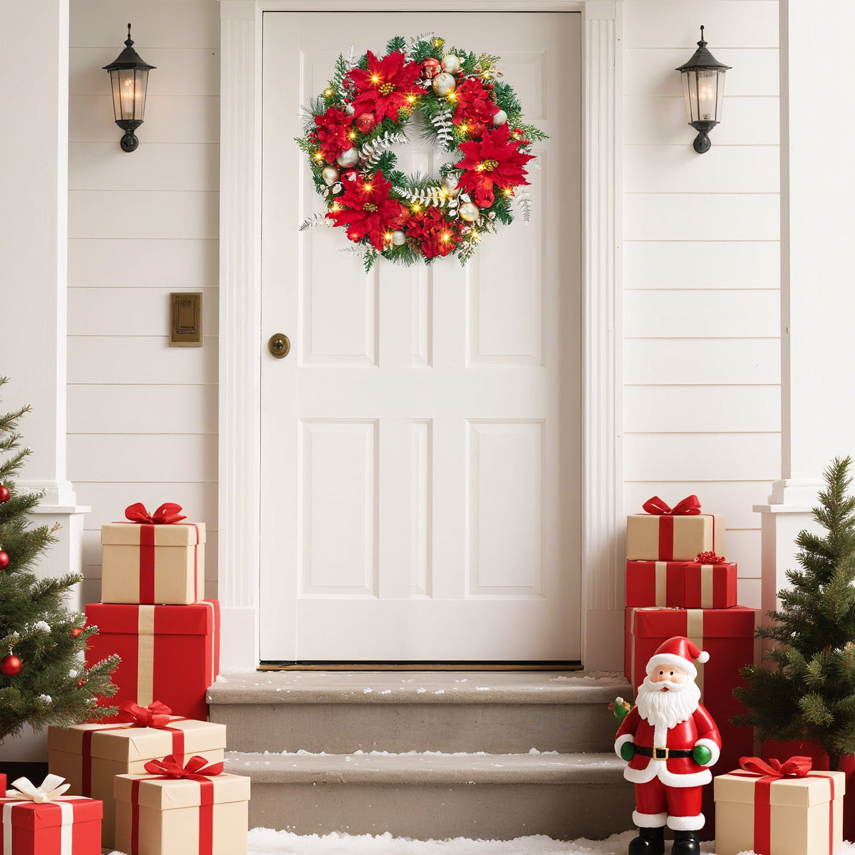 JoanKaren 24 inch Large Christmas Wreath Silver White with 20 LED Lights,Prelit Xmas Wreath w/ Ball Ornaments Pine Cone