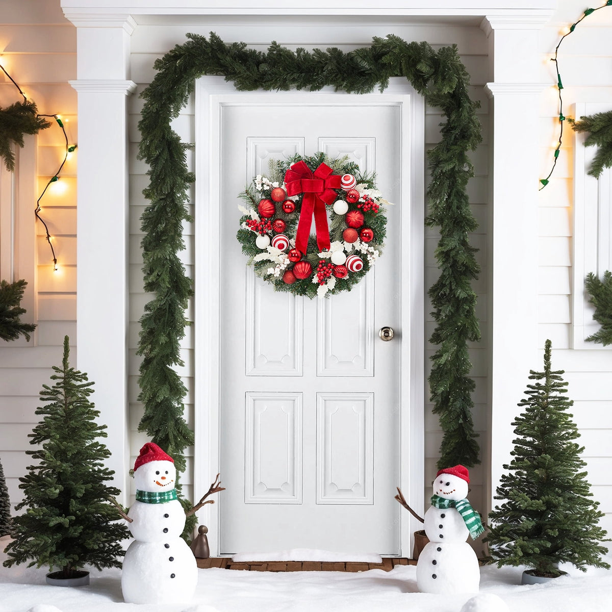 JoanKaren 24 inch Large Christmas Wreath Silver White with 20 LED Lights,Prelit Xmas Wreath w/ Ball Ornaments Pine Cone