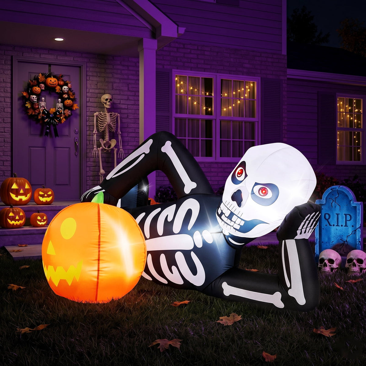 Ktaxon 7' Halloween Inflatables Skeleton Outdoor Halloween Decoration Reclining Skeleton with Pumpkin,Built-In LED Lights