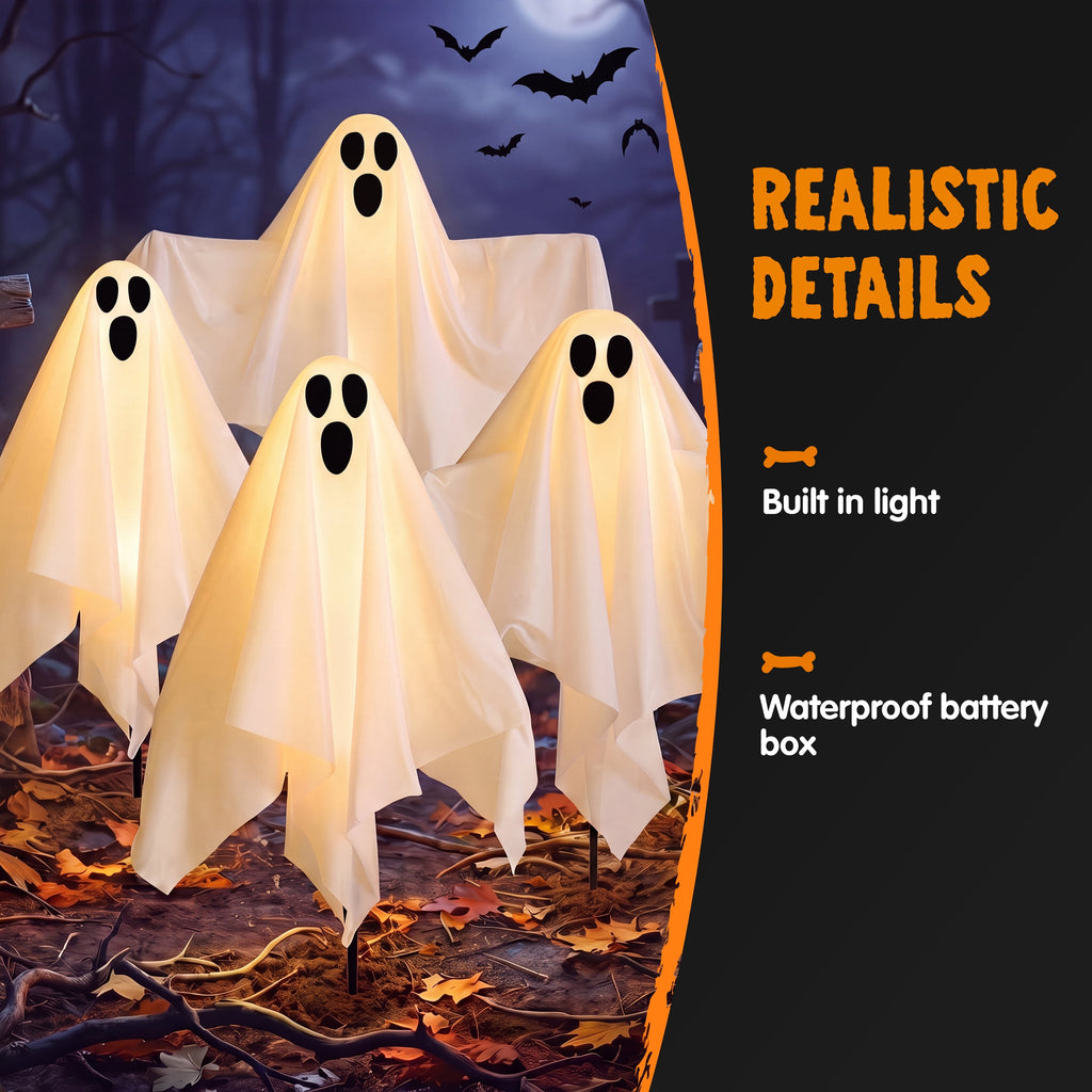 Joyfy 3 Packs Halloween Ghost Decorations Outdoor, Light Up Flying Ghost Pathway Lights， Battery Operated Watereproof Ghost Deocr with 3 Stakes, Halloween Yard Front Porch Haunted House Decorations